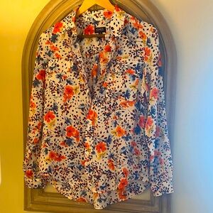 JONES New York Vibrant Floral Button-Down Shirt - Orange, Blue, White Size Small